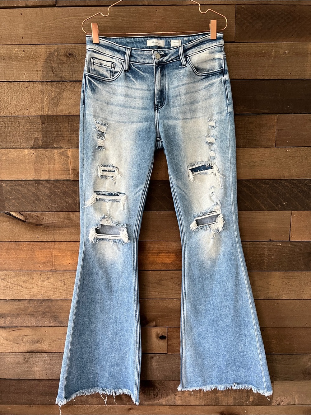 KanCan Women's Mid Rise Super Flare Distressed Jeans in Lightwash Blue Size 29T - Picture 2 of 9